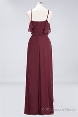 Straps Burgundy Ruffles A-line Long Bridesmaid Dress