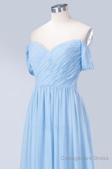 Blue Off the Shoulder Pleated Chiffon Long Bridesmaid Dress