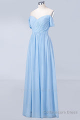 Blue Off the Shoulder Pleated Chiffon Long Bridesmaid Dress