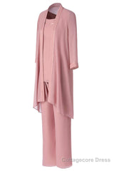 Three-Piece Pink Chiffon Half Sleeve Mother of the Bride Pant Suits