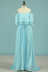 Off the Shoulder Blue Flounce Chiffon Long Bridesmaid Dress