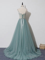 Green A Line Tulle Lace Long Prom Dress, Green Tulle Formal Dress