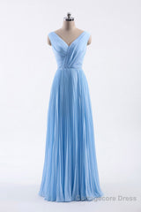 Blue Pleated A-line Chiffon Long Bridesmaid Dress