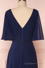 Navy Blue Chiffon V-Neck Ruffled Sleeve Long Bridesmaid Dress