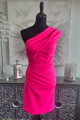 Fuchsia One Shoulder Sheath Satin Homecoming Dress