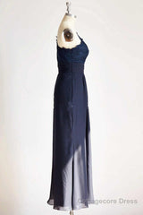 One-Shoulder Navy Blue Lace Long Bridesmaid Dress