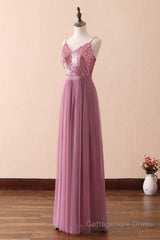 Dusty Purple Sequin Spaghetti Straps A-Line Long Bridesmaid Dress