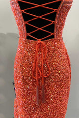 Orange Sequin Halter Fringe Short Homecoming Dress