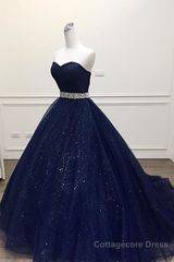 Navy Blue Ball Gown Court Train Sleeveless Mid Back Sparkle Prom Dresses