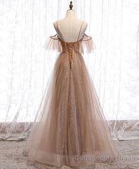 Champagne Tulle Sequin Long Prom Dress, Champagne Evening Dress