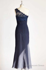 One-Shoulder Navy Blue Lace Long Bridesmaid Dress