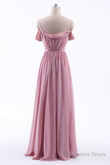 Dusty Pink Chiffon Cold-Shoulder A-Line Long Bridesmaid Dress