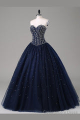 Navy Blue Ball Gown Floor Length Sweetheart Sleeveless Mid Back Prom Dresses