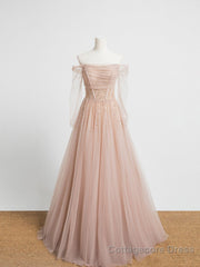 Champagne Pink Tulle Beads Long Prom Dress, Champagne Evening Dress