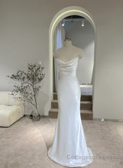 White Soft Satin Straps Simple Long Wedding Party Dress, White Long Evening Dress