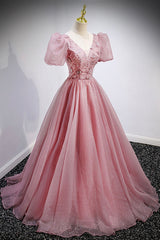 Pink V-Neck Tulle Long Prom Dresses, A-Line Evening Party Dresses