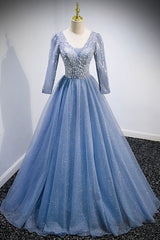 Blue V-Neck Tulle Beading Long Prom Dresses, Long Sleeve Evening Dresses