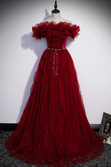 Burgundy Tulle Long Prom Dresses, A-Line Off the Shoulder Evening Party Dresses