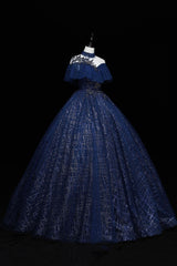 Blue Tulle Sequins Long Ball Gown, Elegant A-Line Formal Gown