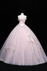 Lovely Pink Tull Applique Ball Gown Formal Dress, Pink Sweet 16 Dress