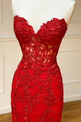 Red Strapless Lace Long Prom Dress, Mermaid Evening Dress