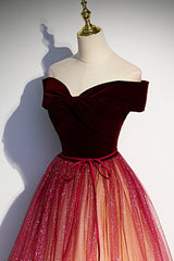 Burgundy Velvet Tulle Long Prom Dresses, Off the Shoulder Formal Evening Dresses