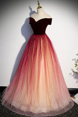 Burgundy Velvet Tulle Long Prom Dresses, Off the Shoulder Formal Evening Dresses