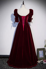 Burgundy Velvet Long Prom Dresses, A-Line Short Sleeve Evening Dresses