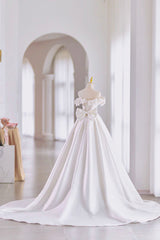 White Satin Long Ball Gown, A-Line Flower Wedding Gown with Bow