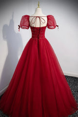 Red Beaded Tulle A-Line Long Formal Dress, Red Prom Dress