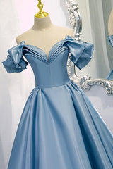 Blue V-Neck Satin Long Prom Dress, Off the Shoulder Evening Dress