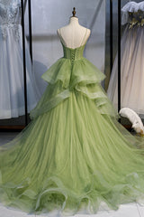 Green Tulle Long Prom Dresses, A-Line Evening Dresses with Train