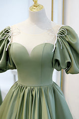 Green Satin A-Line Long Formal Dress, Green Junior Prom Dress