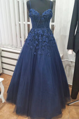 Blue Spaghetti Strap Tulle Appliqu篓娄d Long A-Line Prom Dress