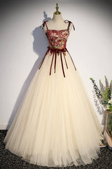 Champagne Tulle Spaghetti Strap Long Prom Dress, A-Line Formal Evening Dress