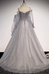 Gray Tulle Sequins Long Prom Dress, Long Sleeve Evening Dress