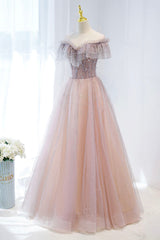 Pink Tulle Beaded Long Formal Dress, Pink V-Neck Prom Dress