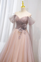 Pink Tulle Beaded Long Prom Dress, Off the Shoulder Evening Dress