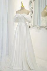 White Satin Long Prom Dress, Off the Shoulder Evening Dress