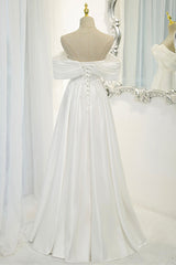 White Satin Long Prom Dress, Off the Shoulder Evening Dress