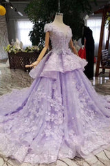 Lilac Ball Gown Short Sleeve Prom Dresses with Long Train, Gorgeous Quinceanera Dress