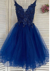 A-line V Neck Sleeveless Tulle Short/Mini Homecoming Dress With Appliqued Beading Sequins