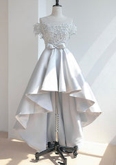 A-line Illusion Neck Short Sleeve Satin Asymmetrical Homecoming Dress With Appliqued Waistband