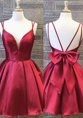 A-line V Neck Sleeveless Satin Short/Mini Homecoming Dress With Bowknot