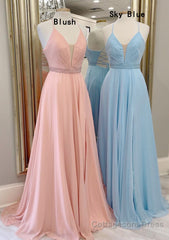 A-line V Neck Sleeveless Chiffon Sweep Train Prom Dress With Beading Pleated