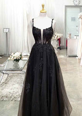 A-line Square Neckline Spaghetti Straps Long/Floor-Length Tulle Prom Dress With Glitter Beading Appliqued- Prom Dresses