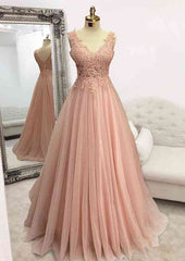 A-line V Neck Sleeveless Long/Floor-Length Tulle Glitter Prom Dress With Appliqued Beading