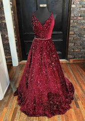 A-line V Neck Spaghetti Straps Long/Floor-Length Velvet Sequins Prom Dress With Beading