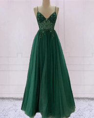 Spaghetti Strap Green A Line Long Prom Dress V Neck Formal Evening Gown Party Dress