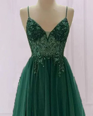 Spaghetti Strap Green A Line Long Prom Dress V Neck Formal Evening Gown Party Dress